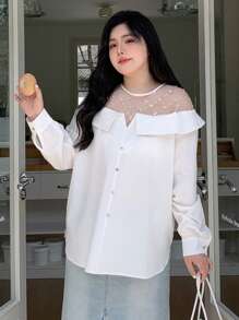 Dazy Plus Contrast Mesh Collar Pullover Long Sleeve White Shirt