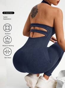 SHEIN Sports Navy Blue Backless Racerback Seamless Yoga Jumpsuit - Navy Blue - View 1