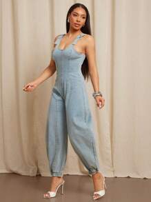 Vixey 可调节肩带牛仔哈伦宽松工装裤，女士街头潮流服饰，波西米亚风女装 - 中等水洗藍 - 查看 3