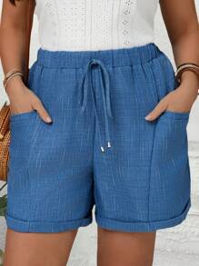 EMERY ROSE Plus Size Women Blue Casual Shorts With Pockets, Gifts For Mother,Summer Holiday,Vacation Outfits Women,Simple And Fashionable For Everyday Wear,Vacay Vibes,Springbreak,Casual Wear SS,Bohemia