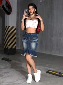 SHEIN PETITE Váy chữ A denim đuôi cá cổ điển thời trang nữ - Rửa tối - Xem 4