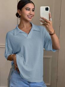 Livesso 女式基本款 Polo 领宽松纹理纯色休闲 T 恤 - 藍色 - 查看 5