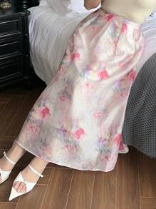 Dazy Plus Plus Size Floral Print Chiffon A-Line Skirt, Summer Women Plus Sun Skirt Vacation Outfits Women - Pink - View 4