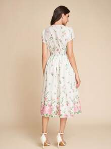 Amorya SHEN Clasi Women V-Neck Overlap Embroidered Floral Print Waisted Elegant Casual Holiday Swing Midi Dress With Pockets, White