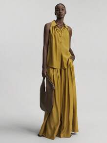 Ontre 2 piezas Traje casual cómodo para mujer, tela de lana y tencel, color mostaza, camisa sin mangas con cuello y pantalón de pierna ancha, Colección nueva 2025, versátil para todas las estaciones, vestimenta casual de oficina, conjunto urbano de alta calidad para viajes, moda premium para el aeropuerto