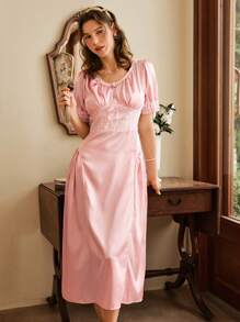 女士纯色蕾丝拼接短袖睡裙，夏季 - 粉色 - 查看 3