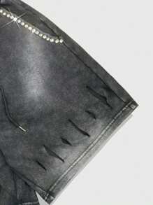 ROMWE MEN Street Life Men's Grunge Summer Fashion Washed Rhinestone Drawstring Waist Shorts - Black - View 3