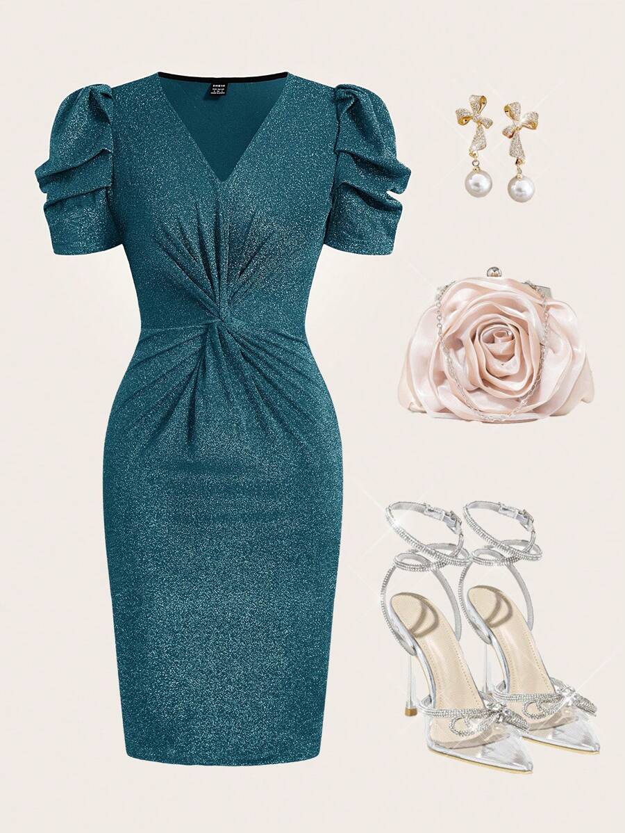 Ellevyn 女士优雅前扭褶泡泡袖连衣裙，夏季 - 水鴨藍 - 查看 1