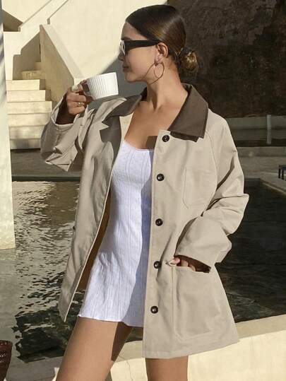 DAZY 撞色宽松休闲女式外套，秋季女装大衣