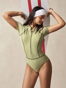 VARSIVA Women's Contrast Trim Short Sleeve One-Piece Rashguard - Green - View 1