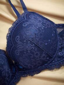 Charlaine ملابس داخلية نسائية من الدانتيل الفرنسي المثيرة، سلاسل مزودة بحافة مقوّية رافعة ومحسّنة للصدر، صدّارة قابلة للتعديل - الأزرق - مشاهدة 3