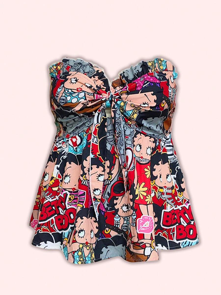 Betty Boop x SHEIN Conjunto de ropa de verano para mujer de talla grande, con top tubo estampado con estilo calado para vacaciones de verano en Europa, atuendos de resort, blusas de verano lindas, ropa estilo Y2K para mujer de talla grande