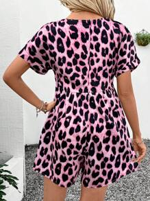 SHEIN LUNE Women's Casual Leopard Print Romper: Short Sleeve V-Neck Ruffle Hem Polyester Playsuit With Pockets - Multicolor - View 2