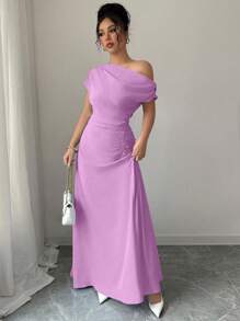 Elenzga Oblique Shoulder + Waist Gathered Extra Long Dress - Purple - View 5
