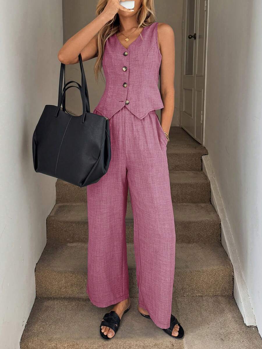 Easowa 2pcs/Set Women Blue Vest Waistcoat And Pocketed Long Pants Suit, Spring/Summer Women Sets Women Summer Set Business Casual Woman Office Outfits For Women Work Clothes Women Old Money Style Women - Pink - View 1