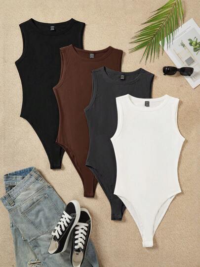 SHEIN EZwear 4pcs/Set Women Round Neck Bodycon Bodysuit, Suitable For Summer Suitable For Going Out