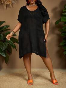 SHEIN CURVE+ 夏季海滩大码蝙蝠袖开叉大腿罩衫（不含比基尼套装），Curve Plus，波西米亚风女士度假海滩装/沙滩裙/海滩度假装/海滩必备品/毕业/茶会礼服 - 黑色 - 查看 6