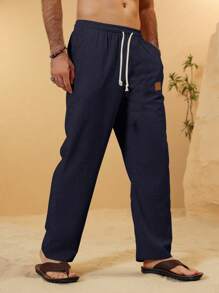 Manfinity RSRT 男士抽绳腰口袋休闲亚麻休闲裤，秋季 - 藏蓝色 - 查看 3