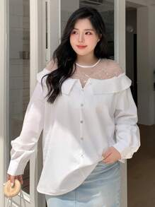 Dazy Plus Contrast Mesh Collar Pullover Long Sleeve White Shirt