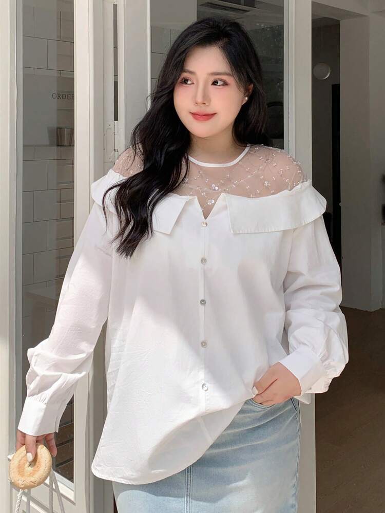 Dazy Plus Contrast Mesh Collar Pullover Long Sleeve White Shirt