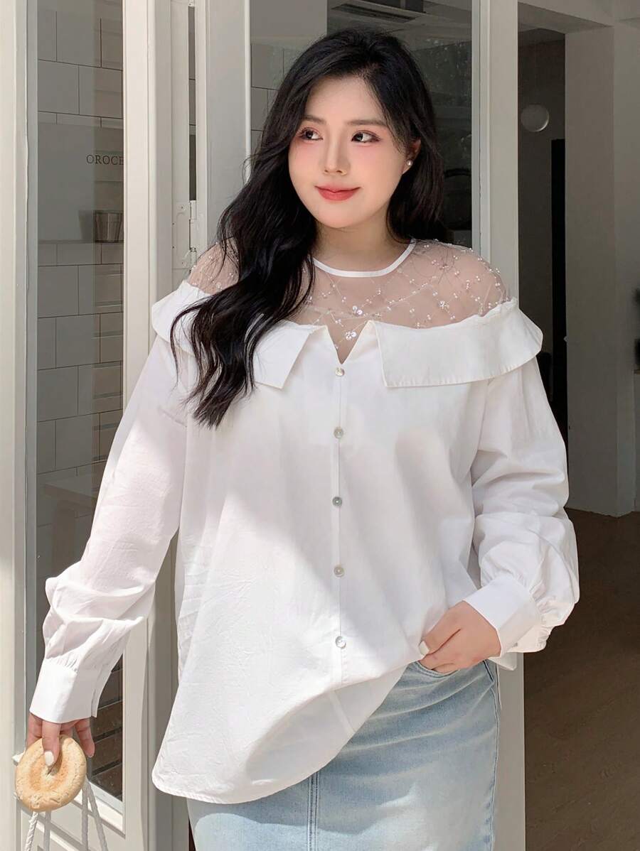 Dazy Plus Contrast Mesh Collar Pullover Long Sleeve White Shirt