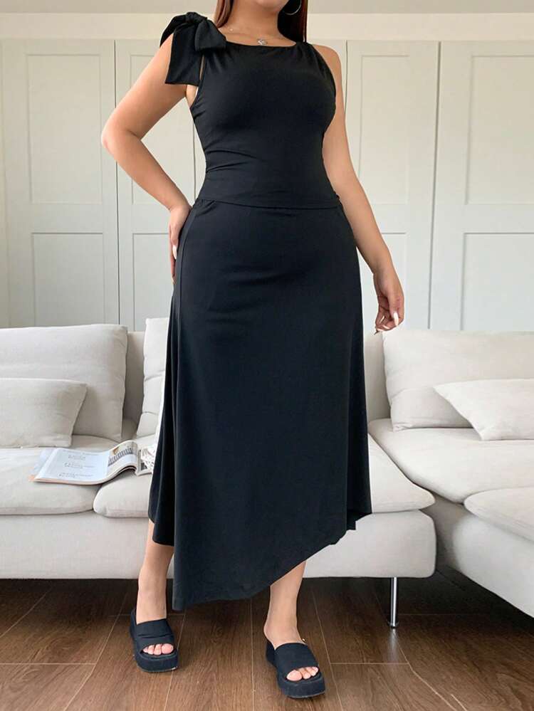 Dazy Plus 2pcs Black Solid Color Tie-Up Open Shoulder Crop Top & Asymmetric Hem Mid-Length Skirt Set, Summer