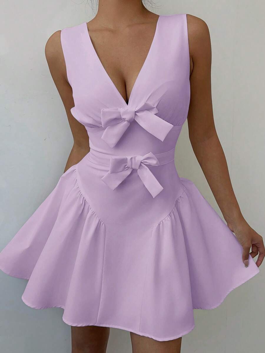 Aloruh Nuevo vestido mini acampanado con cuello en V, decoración de lazo, dulce y lindo para vacaciones, citas o Día de San Valentín romántico - Morado - Ver 1