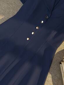 Franclia Solid Color Lapel Flare Hem Dress - Navy Blue - View 6