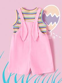 SHEIN 2pcs Baby Girls Casual Cute Bunny Print Colorful Striped Sleeveless Top And Shorts Set, For Daily Wear, Holiday, Outdoor Activity, Spring/Summer - Pink - View 7