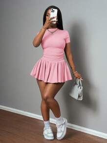 Slaydiva New Spring And Summer Casual Basic Style, Sports Style, Simple Round Neck, Short Sleeves, Pleated Short T-Shirt On Both Sides + A Swing Umbrella Skirt, Short On Both Sides, Front And Back, Medium Length, Light Gray Ribbed Knitted Fabric Women's Plus Two Pieces Set Pink - Pink - View 5
