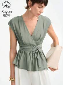 Aalyst Women's Summer Casual V-Neck Ruffle Waist Blouse, Versatile For Commuting, Daily Wear, European And American Style