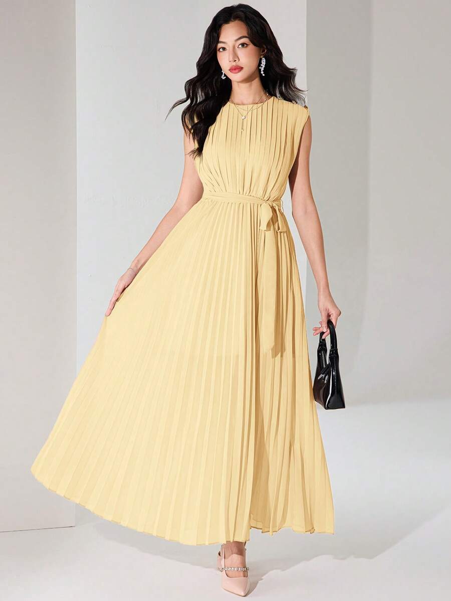 Heiryn Elegant Pleated Long Dress, Suitable For Commuting Butter Yellow Dress, Graduation Dress - Yellow - View 1