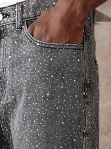 SUMWON Designer Sparkle Denim Shorts Distressed Raw Hem Summer Casual Festival Star Pattern Cotton Denim Shorts Urban Streetwear Jorts - Black - View 7