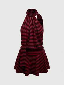 ROMWE Grunge Punk 2 Stück/Set Sexy Punk Streetwear gestreifter Kontrast Schwarz & Rot Schal Accessoire und ärmellose kurze T-Shirt mit hohem-niedrigem Saum für Frauen