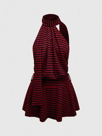 Grunge Punk 2 pièces/Set Streetwear punk sexy rayé contraste noir et rouge écharpe accessoire et t-shirt court à ourlet Top-bas asymétrique sans manches pour femmes