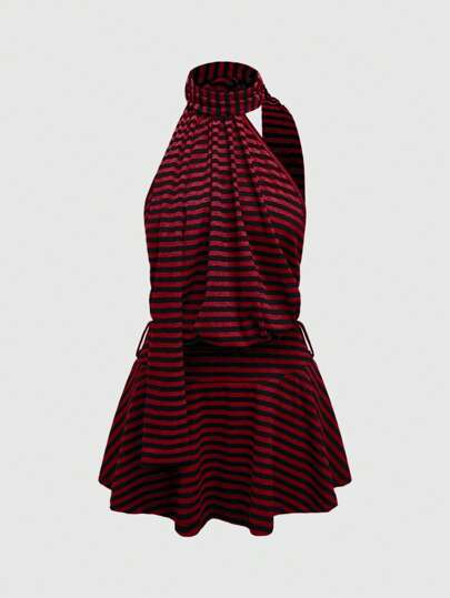 Grunge Punk 2pcs/Set Sexy Punk Streetwear Striped Contrast Color Black & Red Scarf Accessory And Sleeveless Cropped High-Low Hem T-Shirt For Women