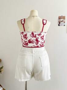SHEIN WYWH CURVE Áo ba lỗ buộc dây phía trước họa tiết hoa đỏ cỡ lớn cho nữ, Áo khoác ngoài cho kỳ nghỉ mùa xuân - Nhiều màu - Xem 2