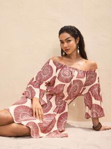 BY FELIZIA Women's Multicolor Summer Vacation Print Off-The-Shoulder Ruffled Bell Sleeve One-Shoulder Mini Dress Beach Vacation Dress - Multicolor - View 1