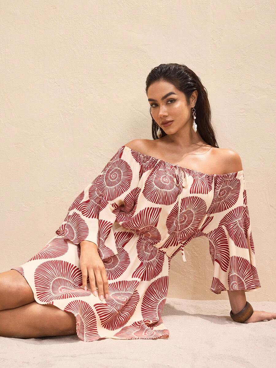 BY FELIZIA Women's Multicolor Summer Vacation Print Off-The-Shoulder Ruffled Bell Sleeve One-Shoulder Mini Dress Beach Vacation Dress - Multicolor - View 1