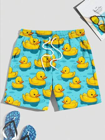 Manfinity Chillmode Fashionable Casual Cartoon Duck Allover Digital Printing Pattern Labeled Men's Shorts, Suitable For Summer Outdoor, Vacation, Dating, Party, Essential Matching Items, Couple Outfits