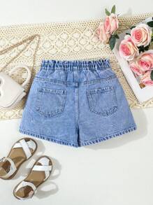 Short vaquero de verano ajustado y elegante para niñas preadolescentes con cintura fruncida y bordado de corazón arcoíris