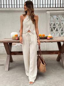 SHEIN Frenchy Women's Casual Apricot Textured Hanging Neck Sleeveless Two Pieces Everyday Dressing Summer Outfits For Women Two Pieces Set Women 2 Pieces Sets Woman Vacation Outfits Women Women Clothing Sets - Apricot - View 5