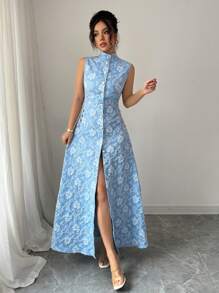 Elenzga Đầm thanh lịch cổ đứng in họa tiết toàn bộ không tay cài nút phía trước - Màu xanh lam - Xem 5