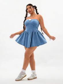 SHEIN ICON Plus Size Solid Color Sleeveless Denim Dress With 3D Floral Decor - Blue - View 5