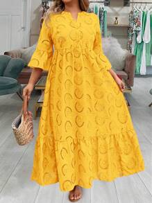 SHEIN LUNE 加大码连衣裙情人节红色连衣裙女士长裙夏季连衣裙夏季波西米亚风复古纯棉 - 黃色 - 查看 5