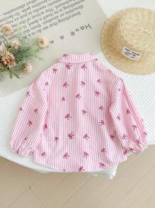 SHEIN LMoss Kids 女婴蝴蝶结装饰条纹休闲衬衫 - 粉色 - 查看 2