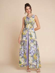 SHEIN Clasi Amorya 女士花卉印花弹力针织紫色雪纺连体裤，优雅日常休闲假日服装，春夏 - 紫色 - 查看 4