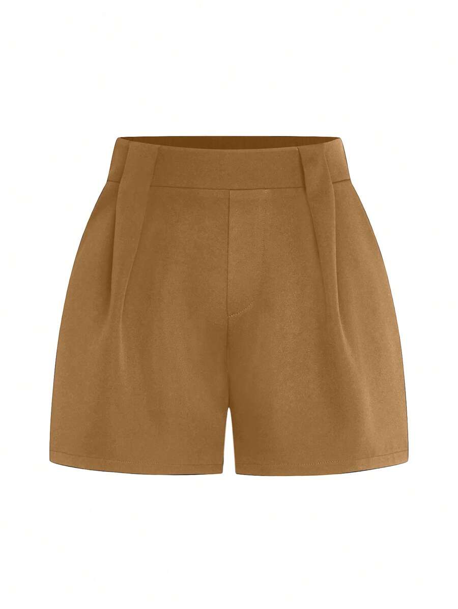 SHEIN LUNE Große Größe einfarbige gerüschte, elegante Mode-Shorts, passend für den Sommer - Kamelfarben - Übersicht 1