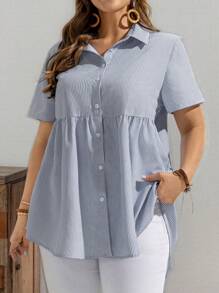 EMERY ROSE 大码休闲条纹衬衫，简约时尚，适合日常穿着、夏季穿着、波西米亚风穿着、商务休闲穿着 - 藏蓝色 - 查看 6