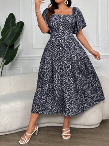 Calvaya Plus Size Women's Ditsy Floral Print Square Collar Buttoned Dress Maxi Women Outfit